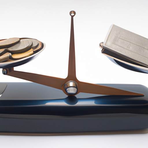 A balance scale with one side showing a stack of coins and the other side the inland ssd to denote value comparison