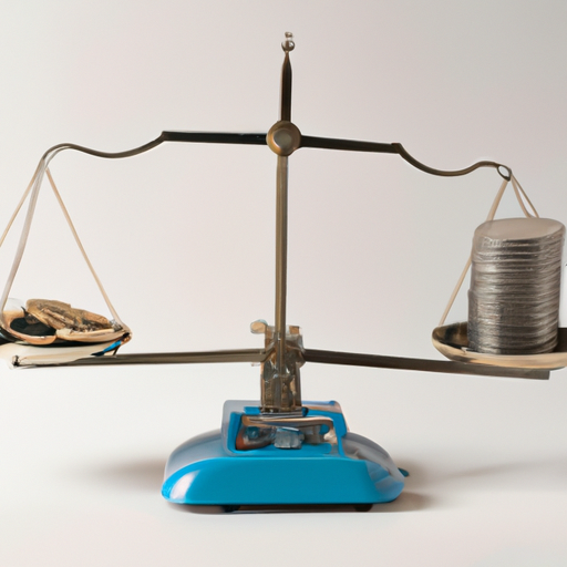 A balance scale with stacks of coins on one side and miniature ssds on the other