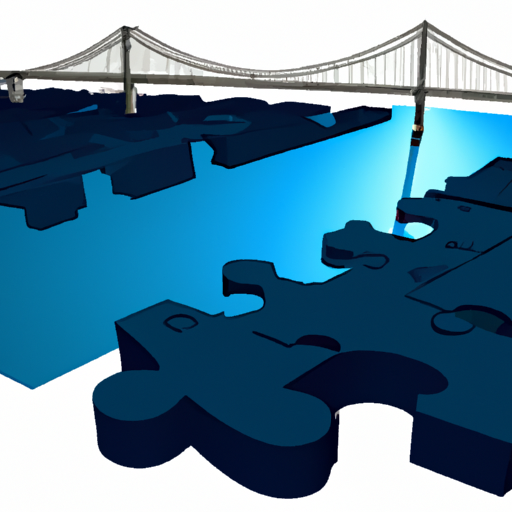 A bridge made of puzzle pieces connecting two landmasses representing learning and industry