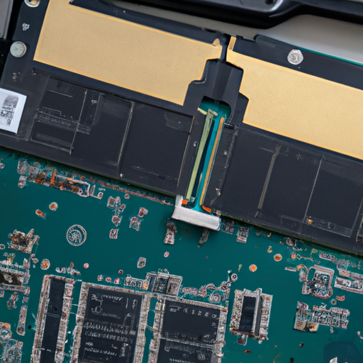 A close-up of a ram module being inserted into the laptop’s motherboard