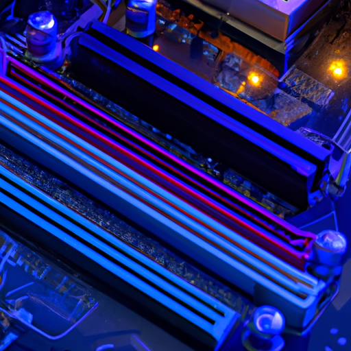 A close-up of the rgb lit ram sticks installed in a motherboard showing their panoramic light bar
