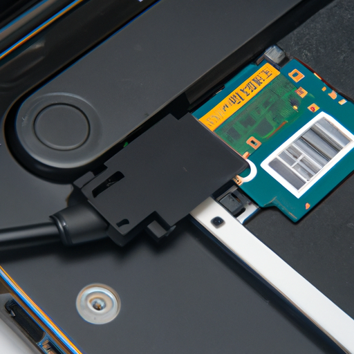 A close-up view of an ssd being connected to a sata cable within a laptop