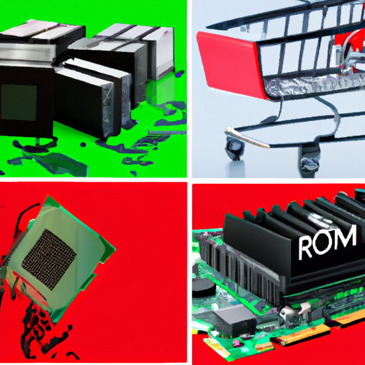 A collage of hardware components like gpus cpus ram blocks against a backdrop of an online shopping cart