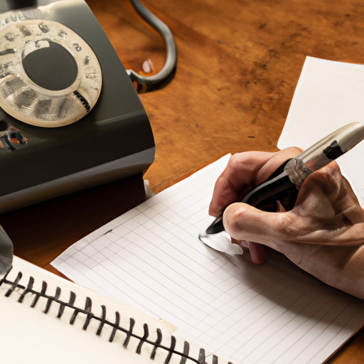 A hand writing notes next to a corded telephone on a desk