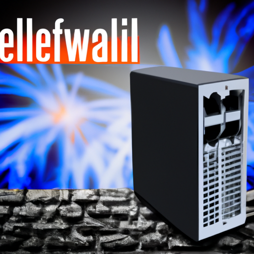 A modern desktop firewall appliance against a network background