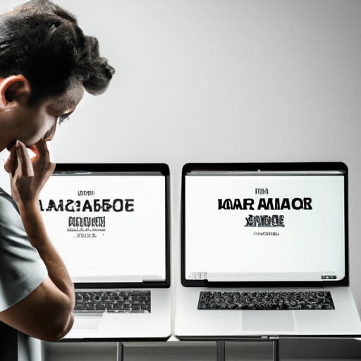 A person looking contemplatively at the price tags of the macbook air and macbook pro displayed on a screen