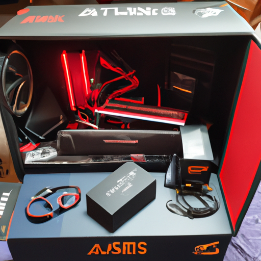 A photo of the asus rog g16ch gaming desktop pc unboxing setup with all accessories displayed