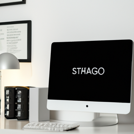 An image of a minimalist desk with a new imac displaying the storage and memory specs on the screen