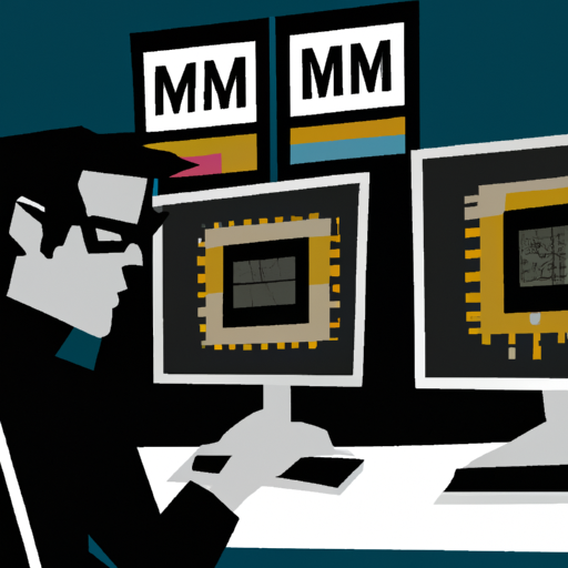 Illustration of a developer at work with multiple screens displaying code and the m3 chip