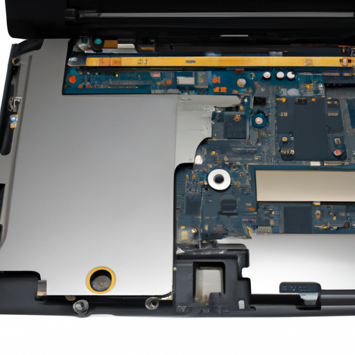 Laptop with the bottom panel removed revealing the memory slots with new ram installed