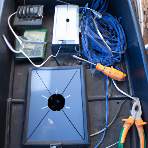Tools and wiring surrounded by a solar generator box and an audio amp